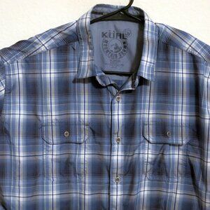 Kuhl Shirt Mens XL Short Sleeve Button Eluxur Blue White Black Striped